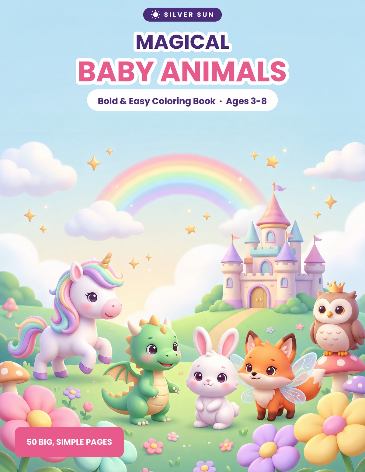 Silver Sun Magical Baby Animals coloring book cover, ages 3–8